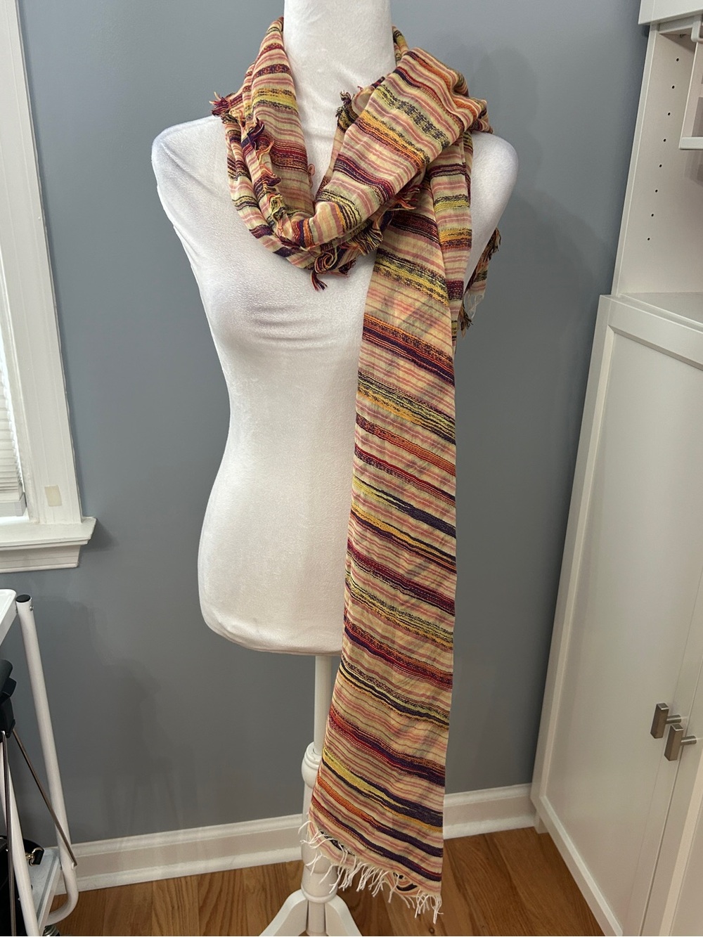 Eileen Fisher Scarf Multi Striped Lightweight Viscose Cotton Made in Italy 80x32